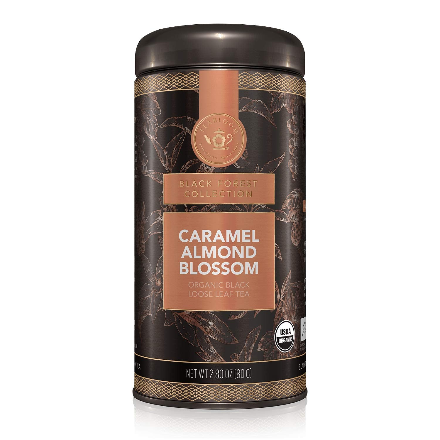 Teabloom Organic Black Tea, Caramel Almond Blossom Loose Leaf Tea, Luxury Dessert Tea, USDA Certified Organic, Certified Kosher, 2.80 Ounce Canister Makes 35-50 Cups