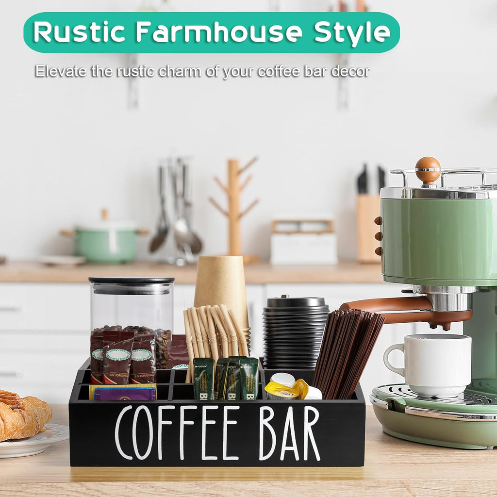 ALELION Coffee Station Organizer for Countertop - 7 Compartments Coffee Bar Accessories and Organizer with Removable Dividers - Black Coffee and Tea Condiment Organizer
