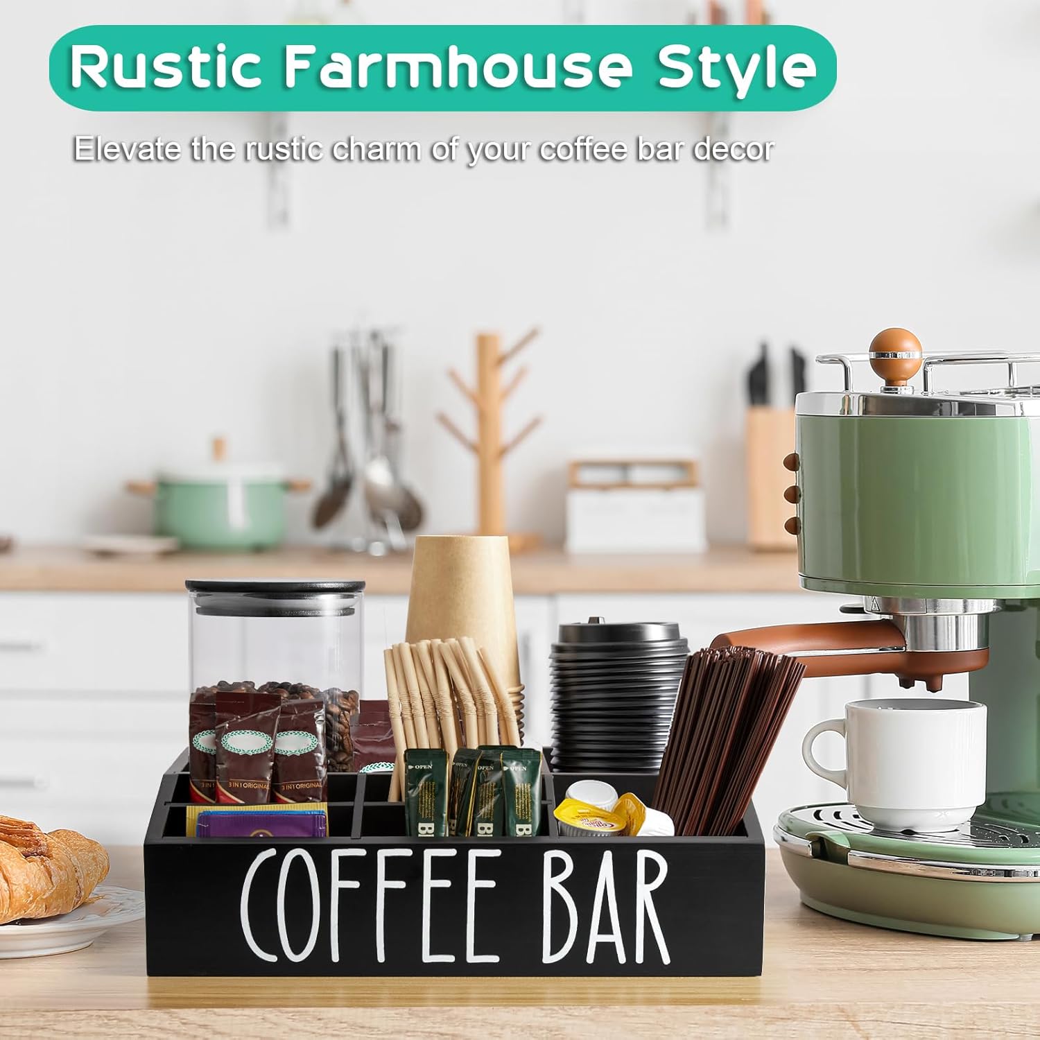 ALELION Coffee Station Organizer for Countertop - 7 Compartments Coffee Bar Accessories and Organizer with Removable Dividers - Black Coffee and Tea Condiment Organizer