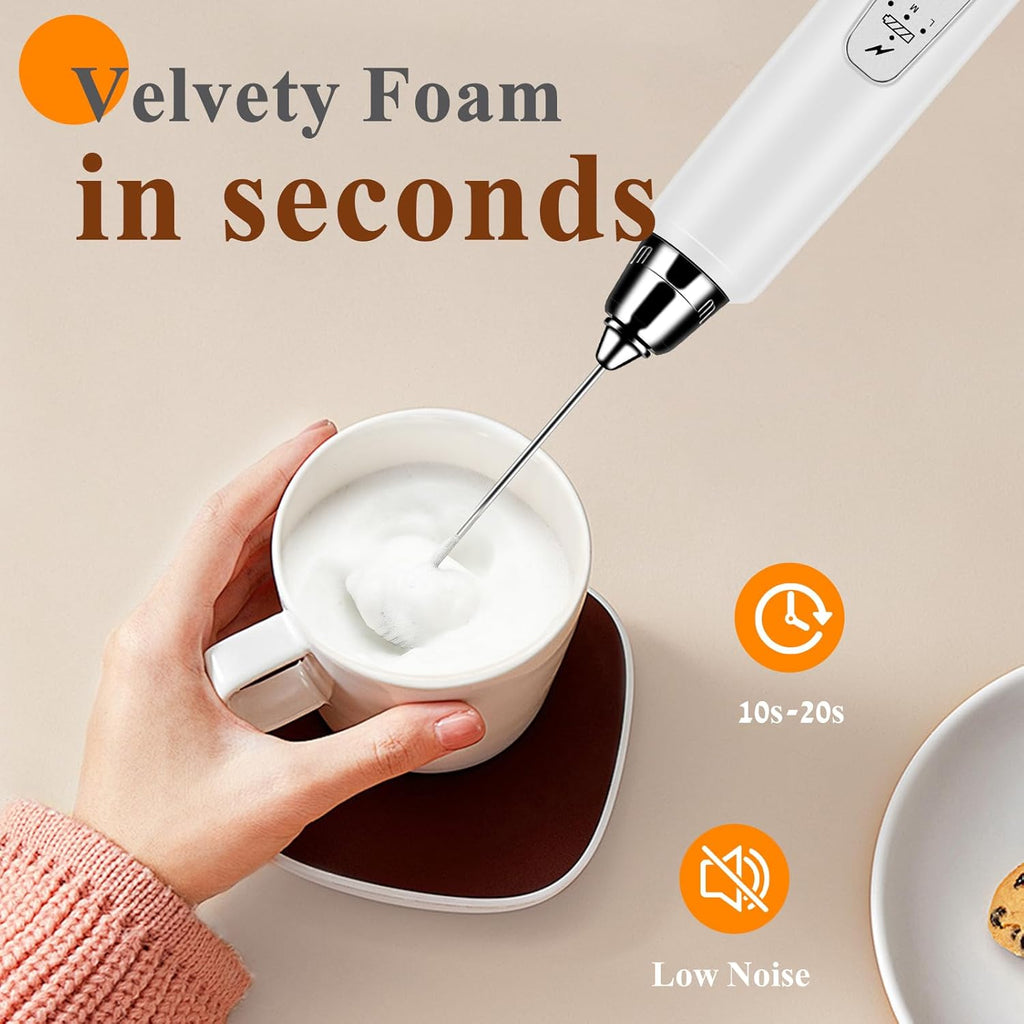 Milk Frother Handheld Rechargeable, Frother Wand Drink Mixer Electric Whisk for Coffee, Detachable With 3 Stainless Whisks, Hand Mixer for Lattes, Cappuccino, Matcha, Egg, No Stand, White