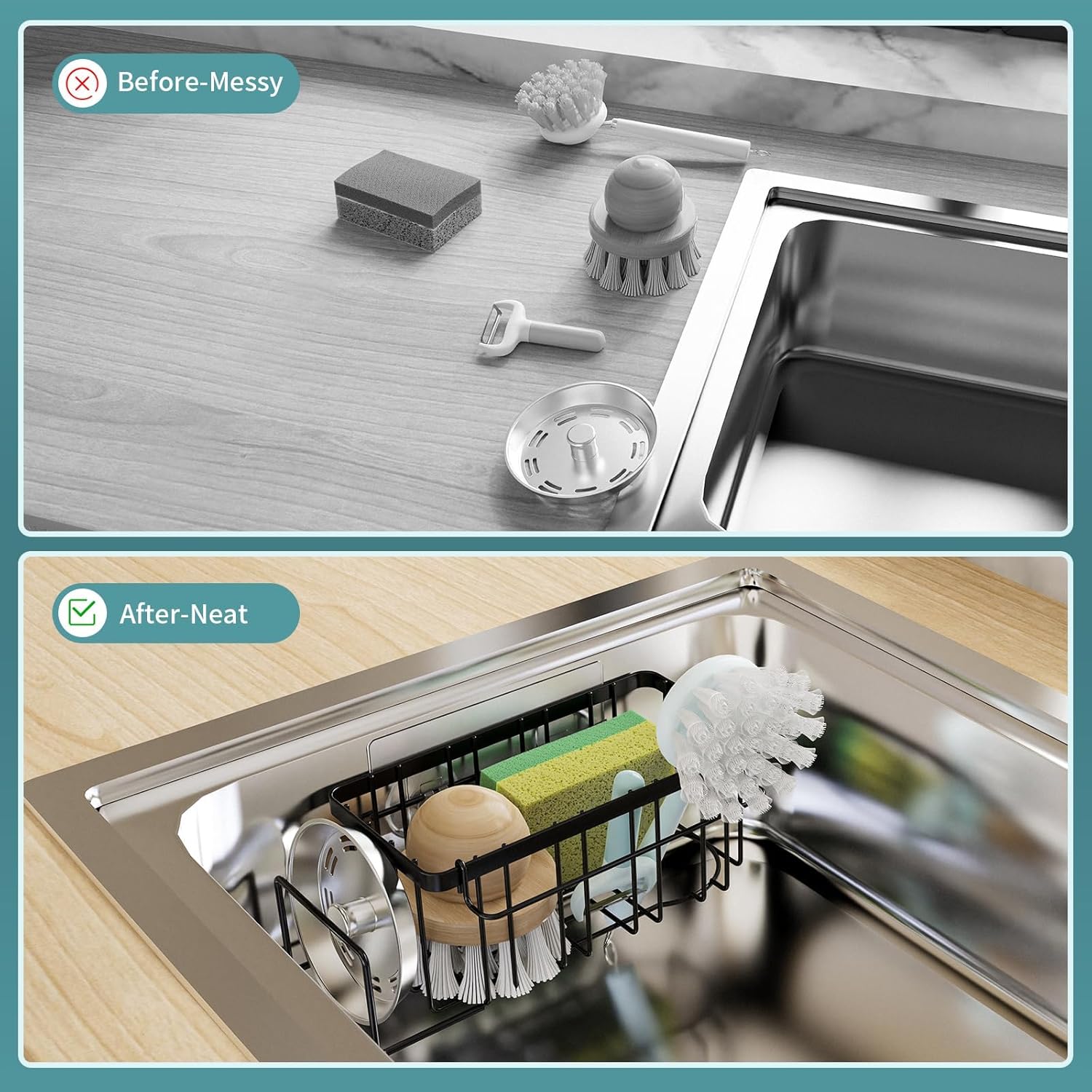 StorageRight 4-in-1 Sponge Holder for Kitchen Sink, Kitchen Organizers and Storage with Adhesive Hook & Suction Cups, Rustproof Sink Caddy for Kitchen Decor, Kitchen Sink Organizer - Black