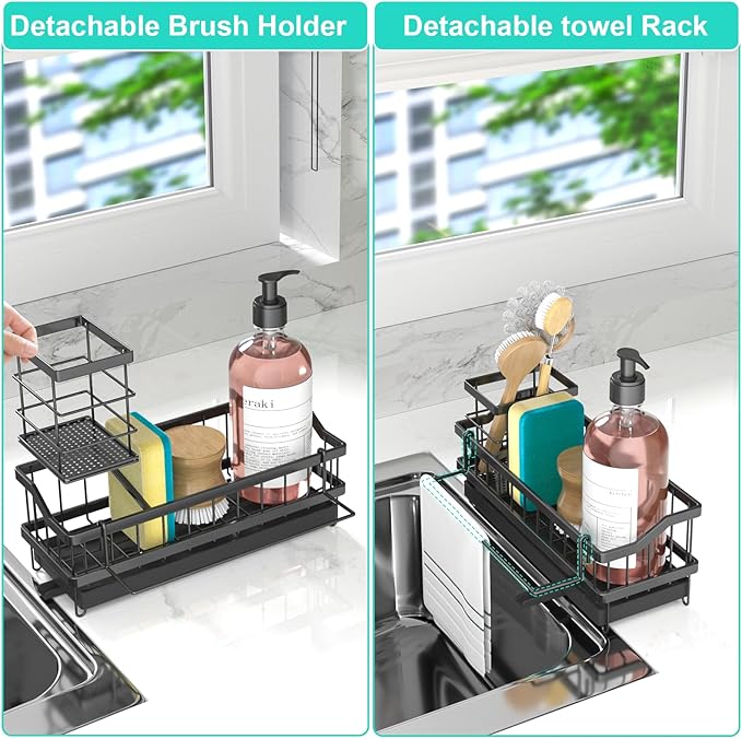 Sponge Holder for Kitchen Sink - Countertop Rustproof Stainless Steel, Sink Caddy, Kitchen Gadgets Accessories (Black)