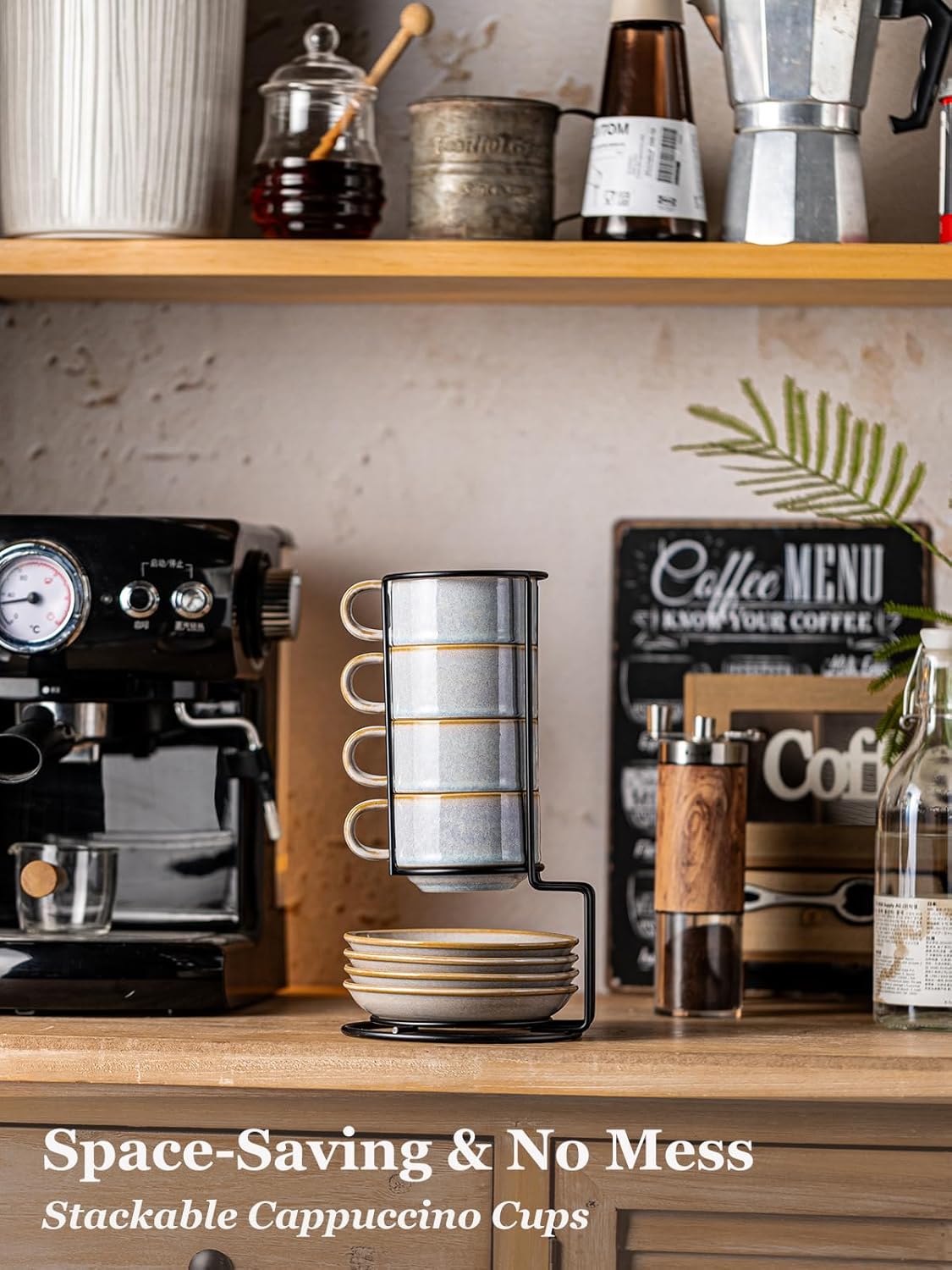 Gomakren 6 Ounce Cappuccino Cups with Saucers and Metal Stand, Stackable Coffee Cup Set of 4, Porcelain Espresso Cups for Coffee Drinks, Cappuccino, Latte, Americano, Tea, Gray