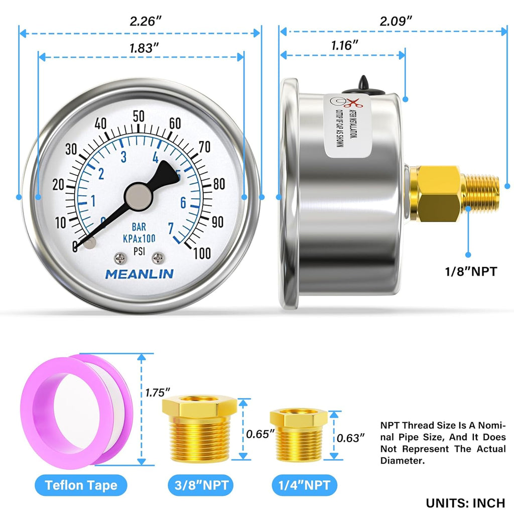 MEANLIN MEASURE 0~100Psi Dry Pressure Gauge Stainless Steel 1/8" NPT 2" FACE DIAL Waterproof for Well Pump Water Tire Water Pressure Tester Back Mount with 1/4" NPT and 3/8" NPT Hex Bushing