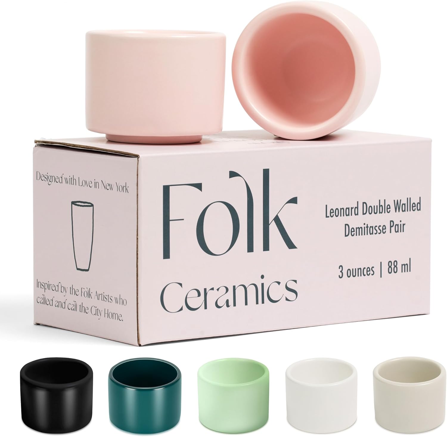 Folk Ceramics Leonard Ceramic Espresso Cups | Modern Stackable Demitasse Mugs for Espresso | Thick Walled, Handleless, Durable, Dishwasher & Microwave Safe | Set of 2, 3oz | Pale Pink