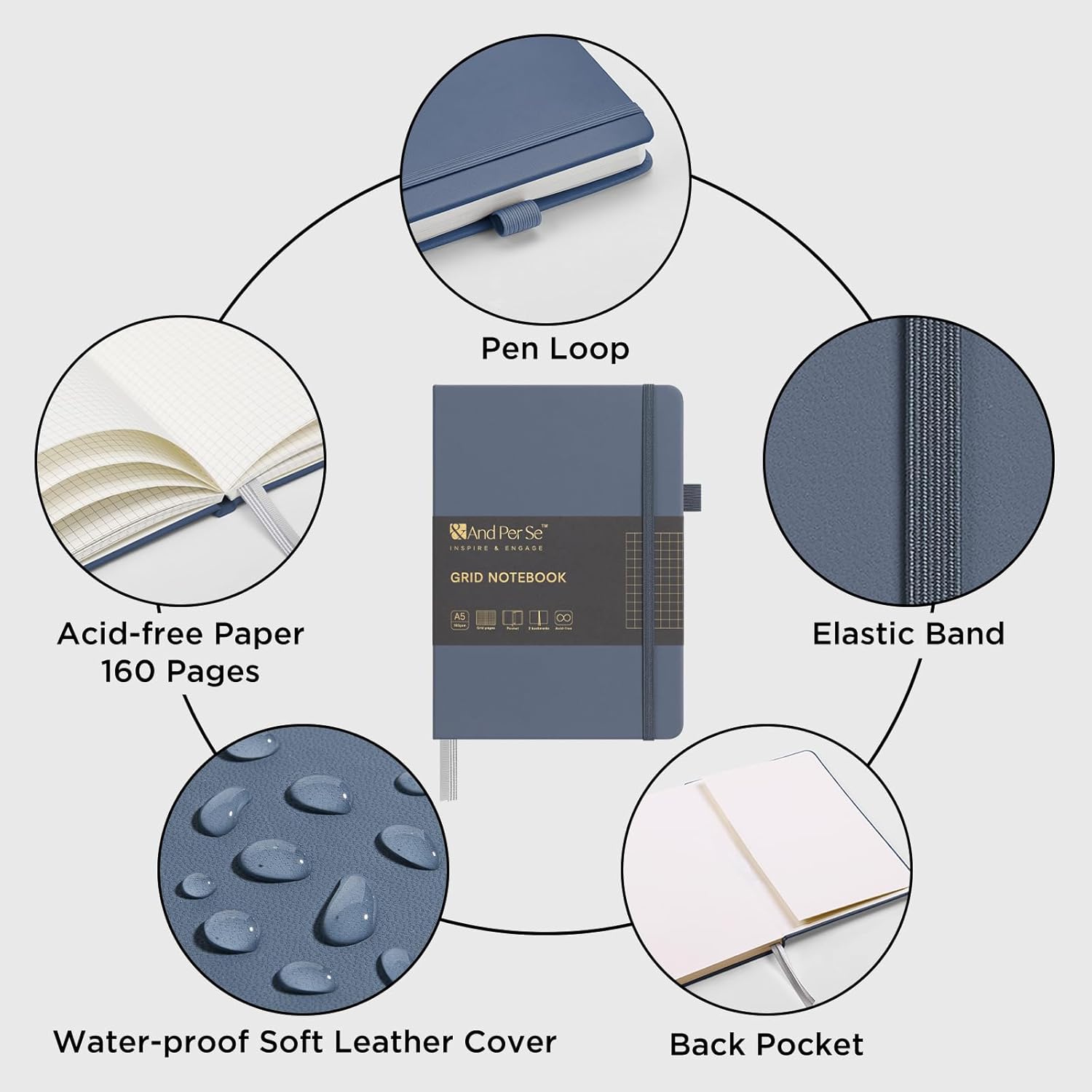 &And Per Se Graph Journal Notebook, 160 Pages, 5.7 x 8 inches College Ruled Thick Paper Notebook Journals for Writing, Grid Hardcover Notebook(1 Pack, Dark Blue)