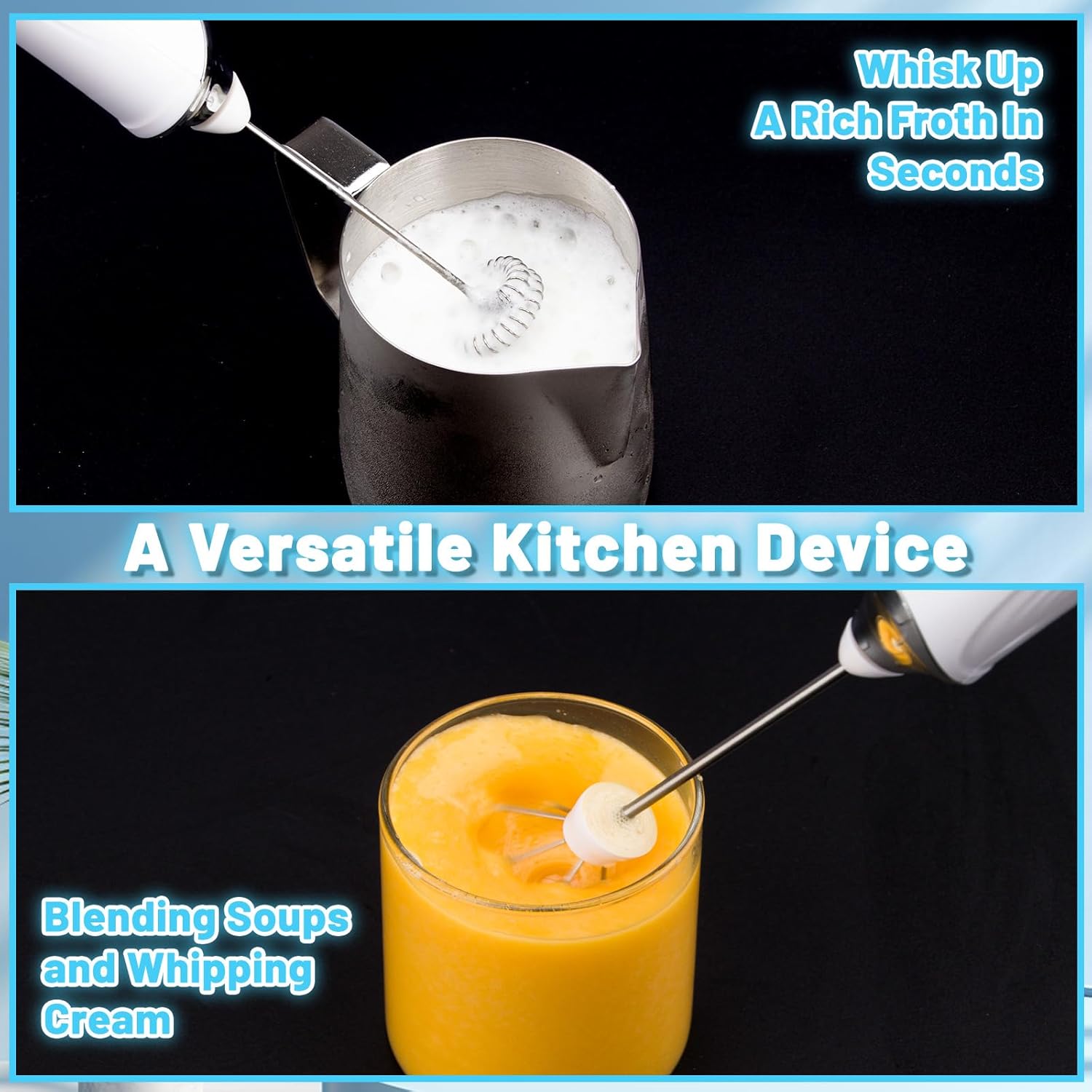 Tonjin Milk Frother with USB-C Rechargeable Wand & 2 Stainless Whisks, Upgraded 3 Speeds Electric Drink Mixer for Coffee, Egg, Matcha