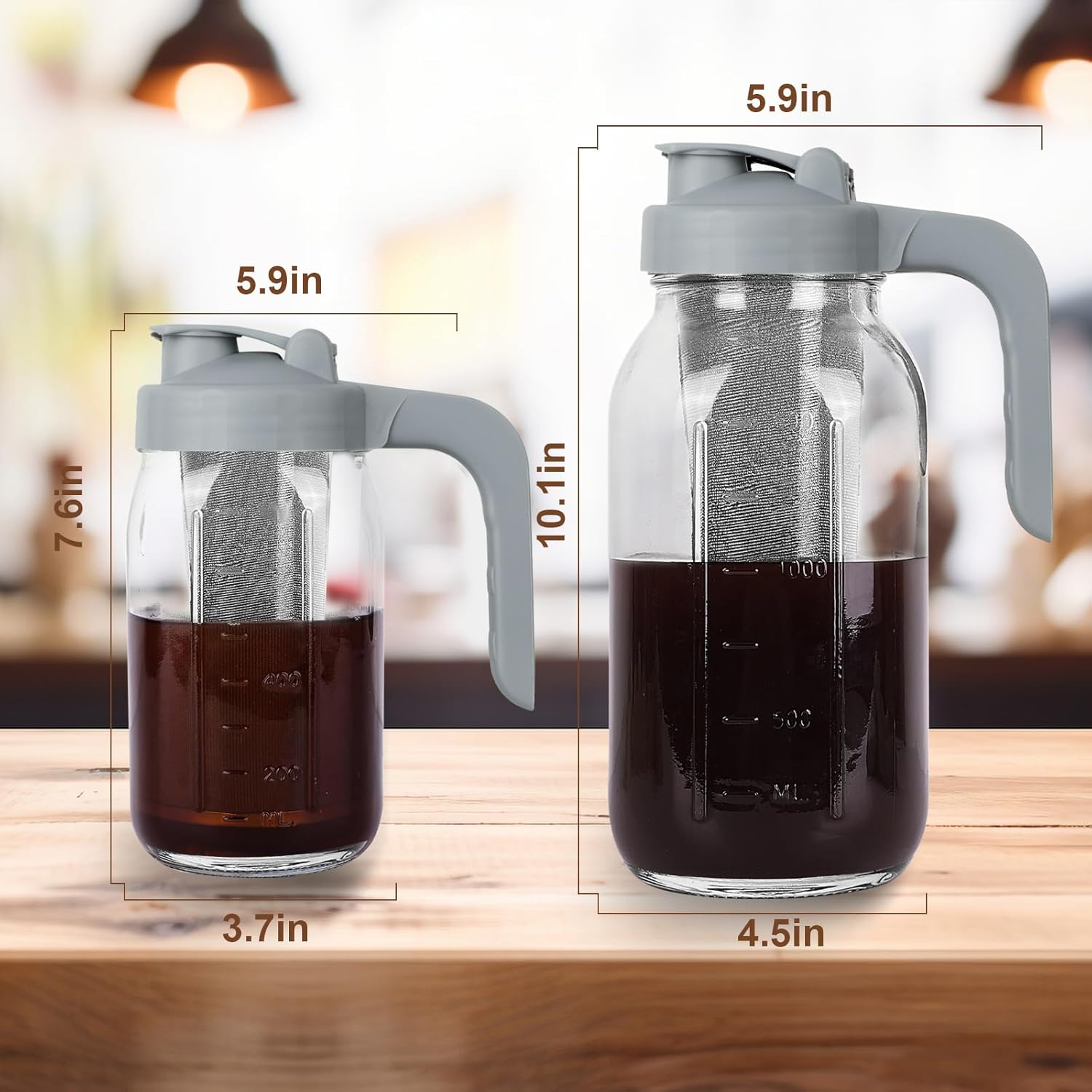 Cold Brew Coffee Maker Pitcher,64 Oz Heavy Duty Glass Mason Jar Pitcher with V-shaped Pour Spout Handle Lid,Stainless Steel Filter for Iced Coffee,Iced tea,Fruit Drinks,lemonade - Gray