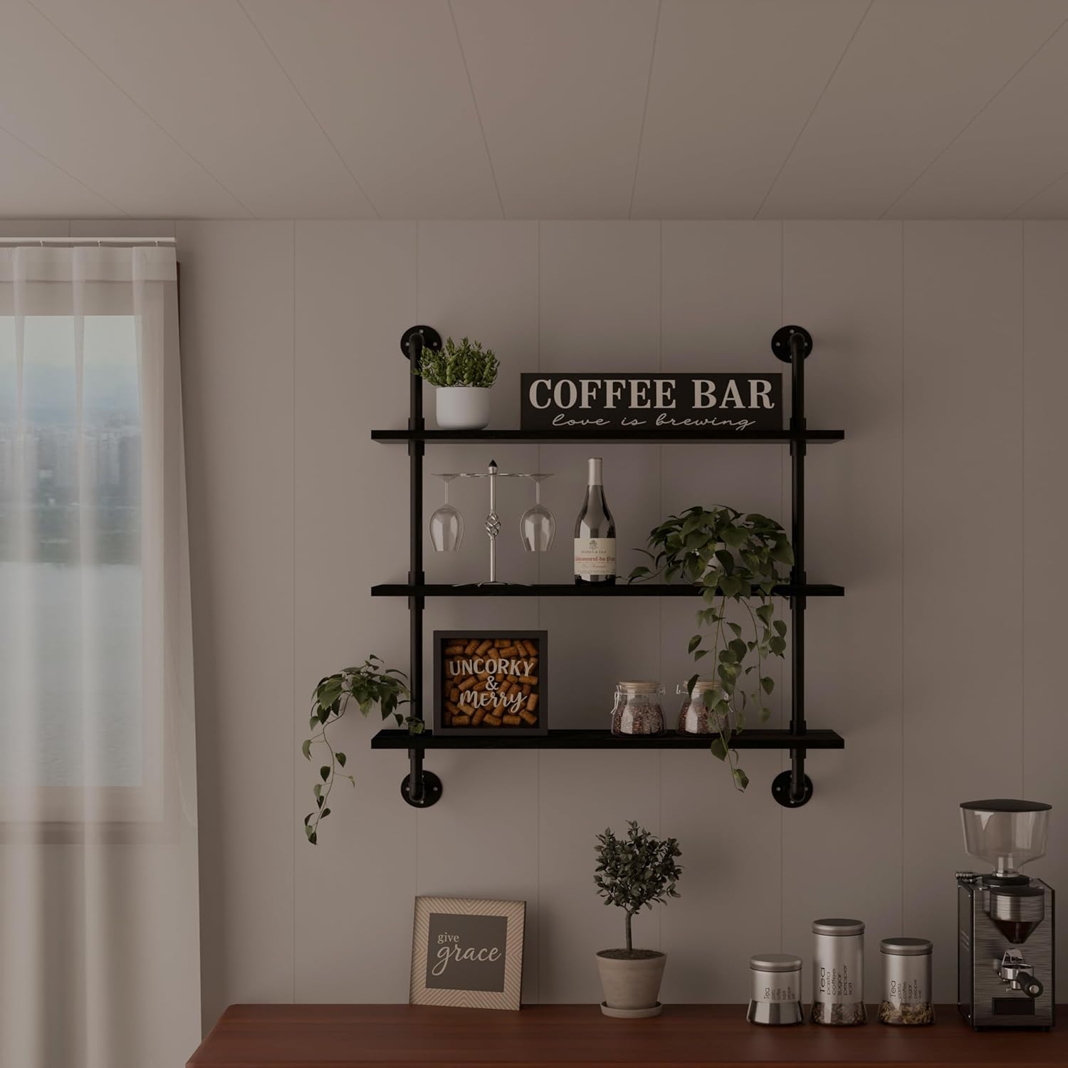 Industrial Pipe Shelf Shelving Bookcase, Wall Mounted Rustic Bookshelf, Floating Bookshelves for Wall,Retro Wood Metal Pipe Industrial Shelves for Living Room