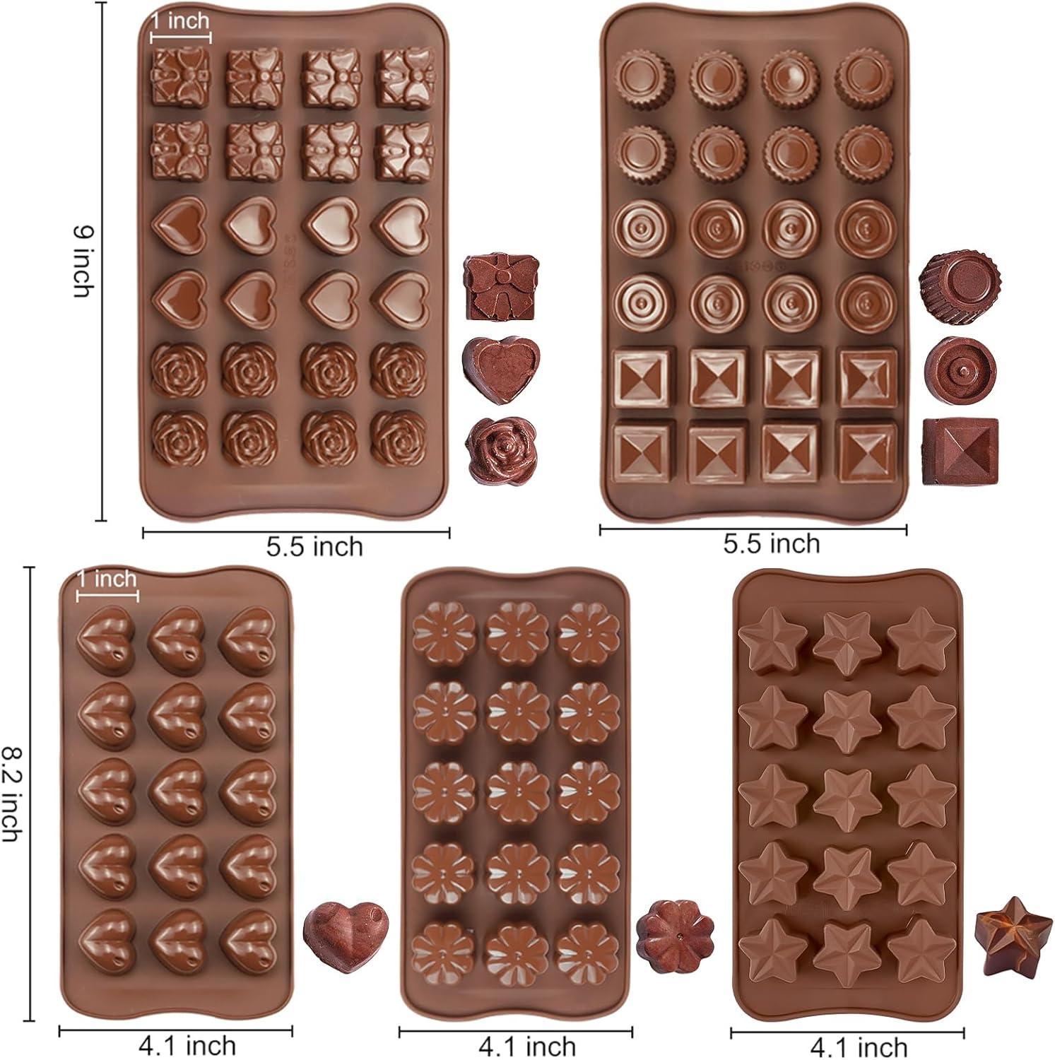 JOERSH 5PCS Silicone Chocolate Molds for Candy, Fat Bombs Snacks & Truffles, 9 Shapes 93 Cavities Candle Soap Wax Melts Mold (Square, Round, Heart, Star, Flower Shapes)