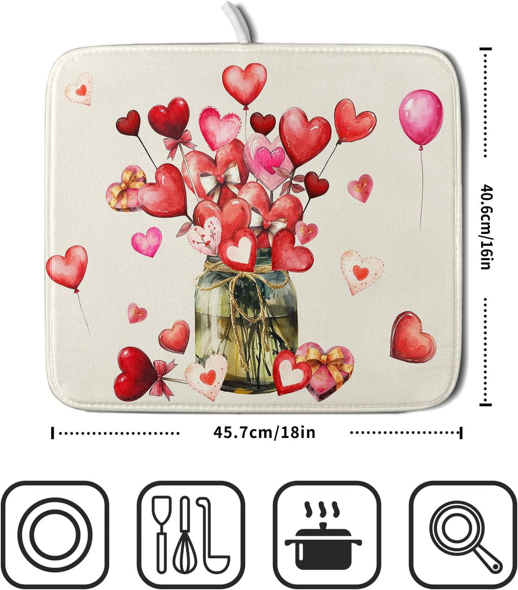 Valentine's Day Dish Drying Mat for Kitchen Counter,Red Love Canes Hearts Decorative Mason Jar Drying Mat 16 x 18 Inch with High Absorbent Microfiber Drainer Mat for Coffee Bar
