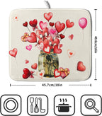 Valentine's Day Dish Drying Mat for Kitchen Counter,Red Love Canes Hearts Decorative Mason Jar Drying Mat 16 x 18 Inch with High Absorbent Microfiber Drainer Mat for Coffee Bar