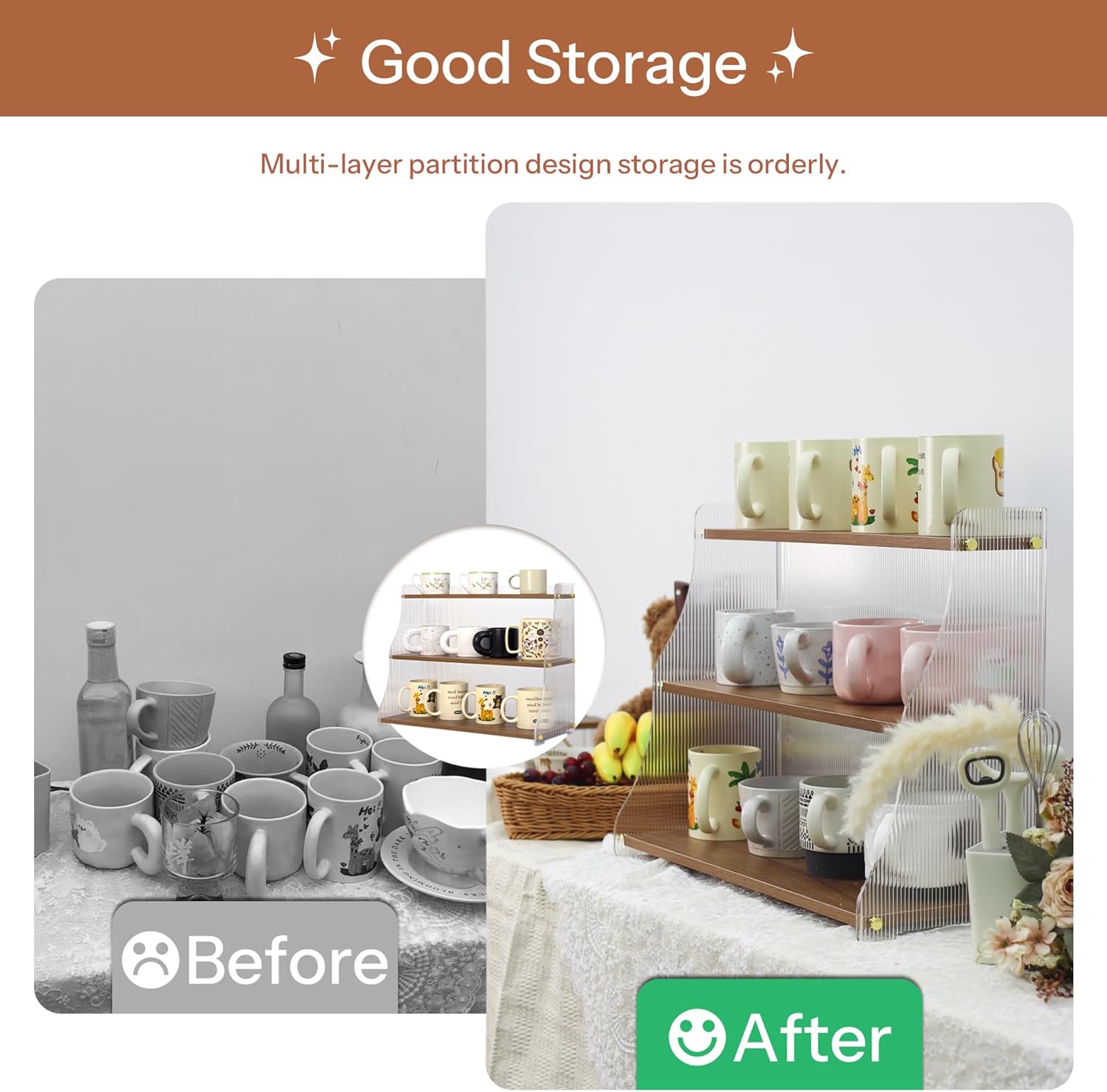 Coffee Mug Holder Wooden Cup Station Organizer 3 Tier Cup Holder for Coffee Bar Mug Display Rack for Countertop Mug Holder Shelf for Home Kitchen Trapezium-Nutbrown