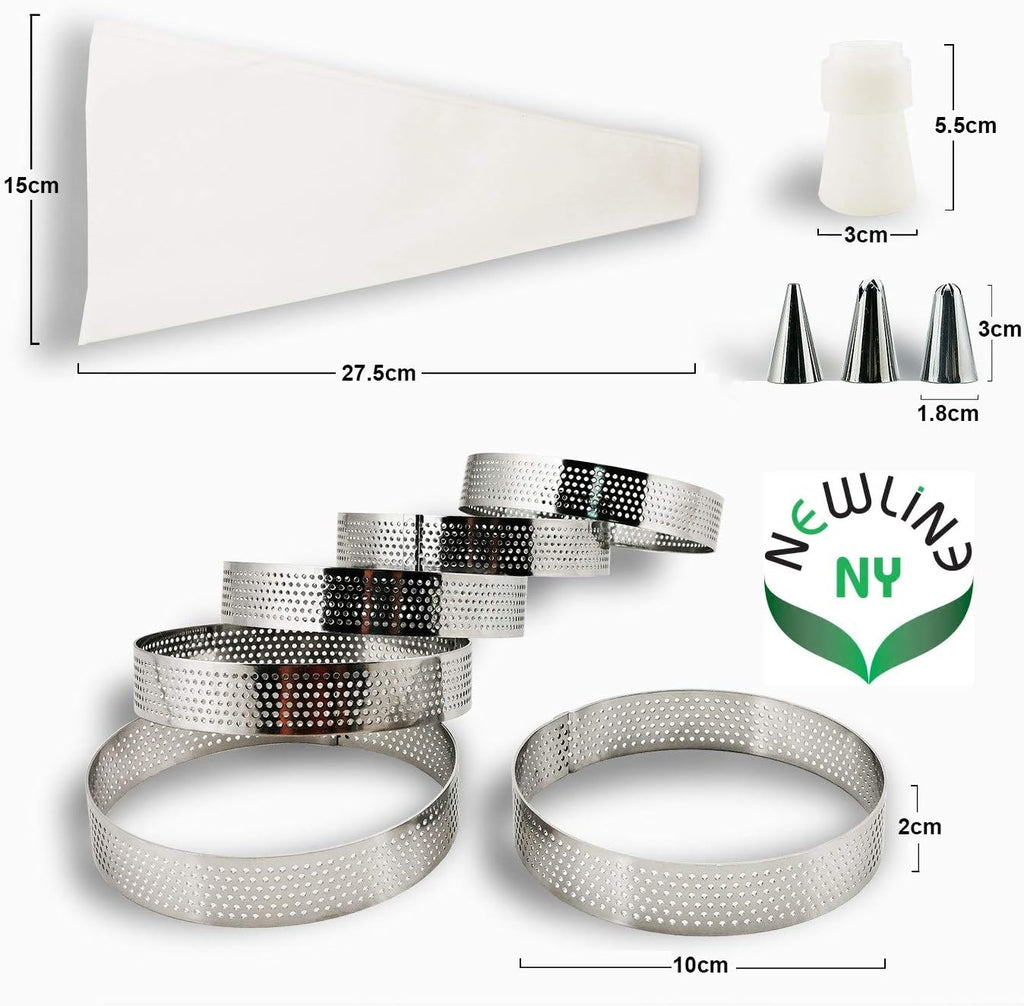 NewlineNY Stainless Steel French Pastry Tart Ring Baking Kit - 6 Perforated Round Dessert Rings + 3 Nozzles + 1 Sample Decorating Piping bag Kit