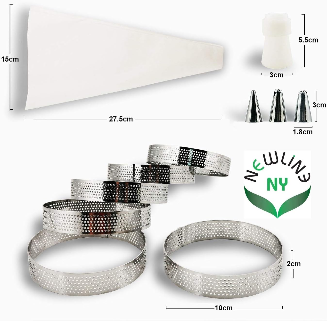 NewlineNY Stainless Steel French Pastry Tart Ring Baking Kit - 6 Perforated Round Dessert Rings + 3 Nozzles + 1 Sample Decorating Piping bag Kit