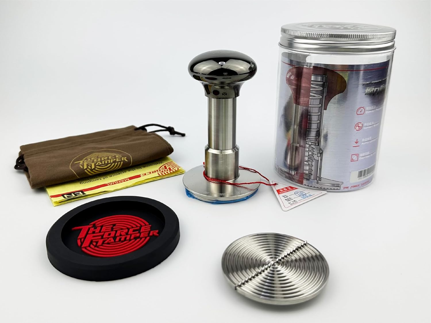 The Force Tamper Automatic Impact Adjustable Constant Pressure and Autoleveling Coffee Tamper Black Mirror Jellyfish AL Handle Set Pro (Ripple-Distribute, 53.00mm)