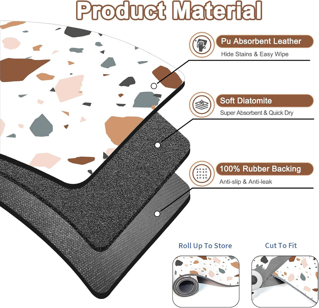 Coffee Bar Mat for Countertop, 17" X 28” Super Absorbent Dish Drying Mat, Large Kitchen Counter Mats Fits Under Coffee Maker, Non-slip Espresso Machine Pad, Terrazzo