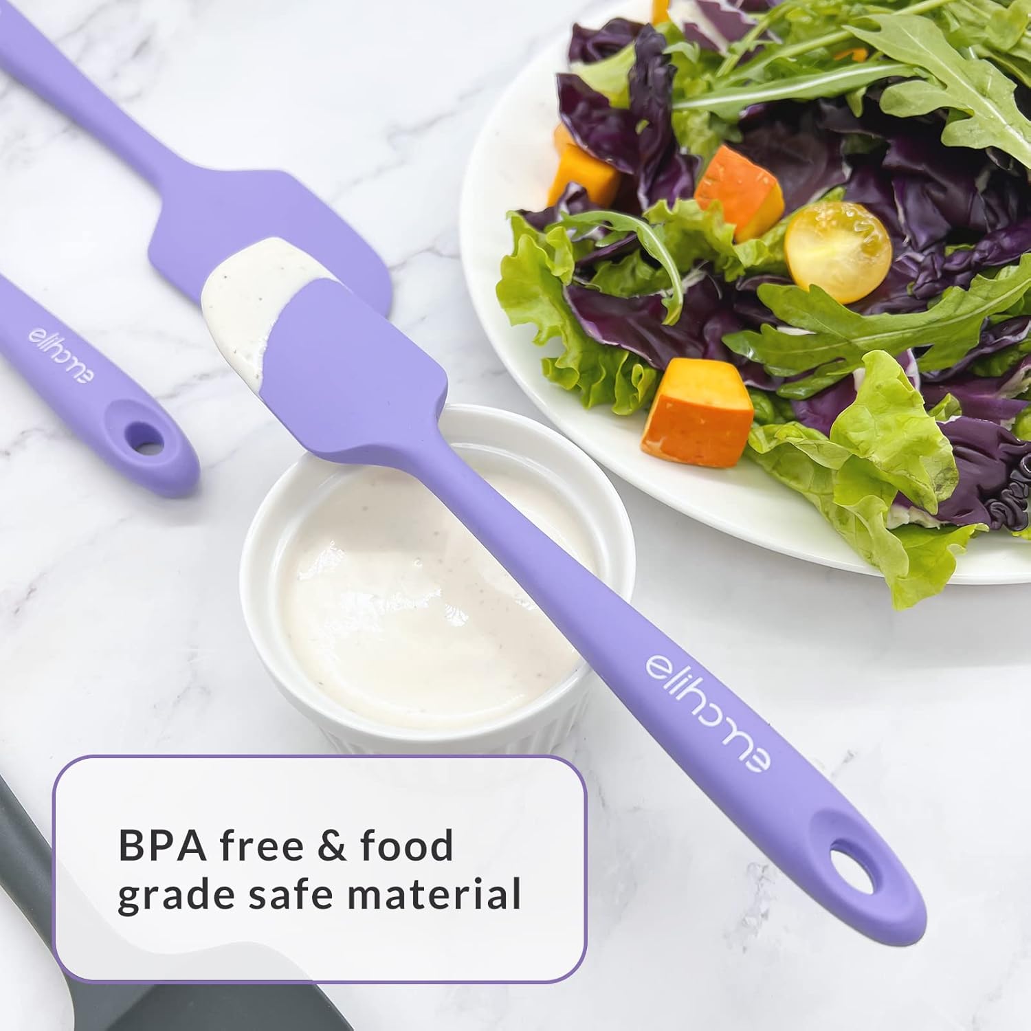 Elihome Chef Series 3 Piece Silicone Spatula Set - 600°F Heat Resistant Non Stick Rubber Kitchen Scraper Spatulas for Cooking, Baking, and Mixing – BPA Free and LFGB Certified Silicone, Purple Color