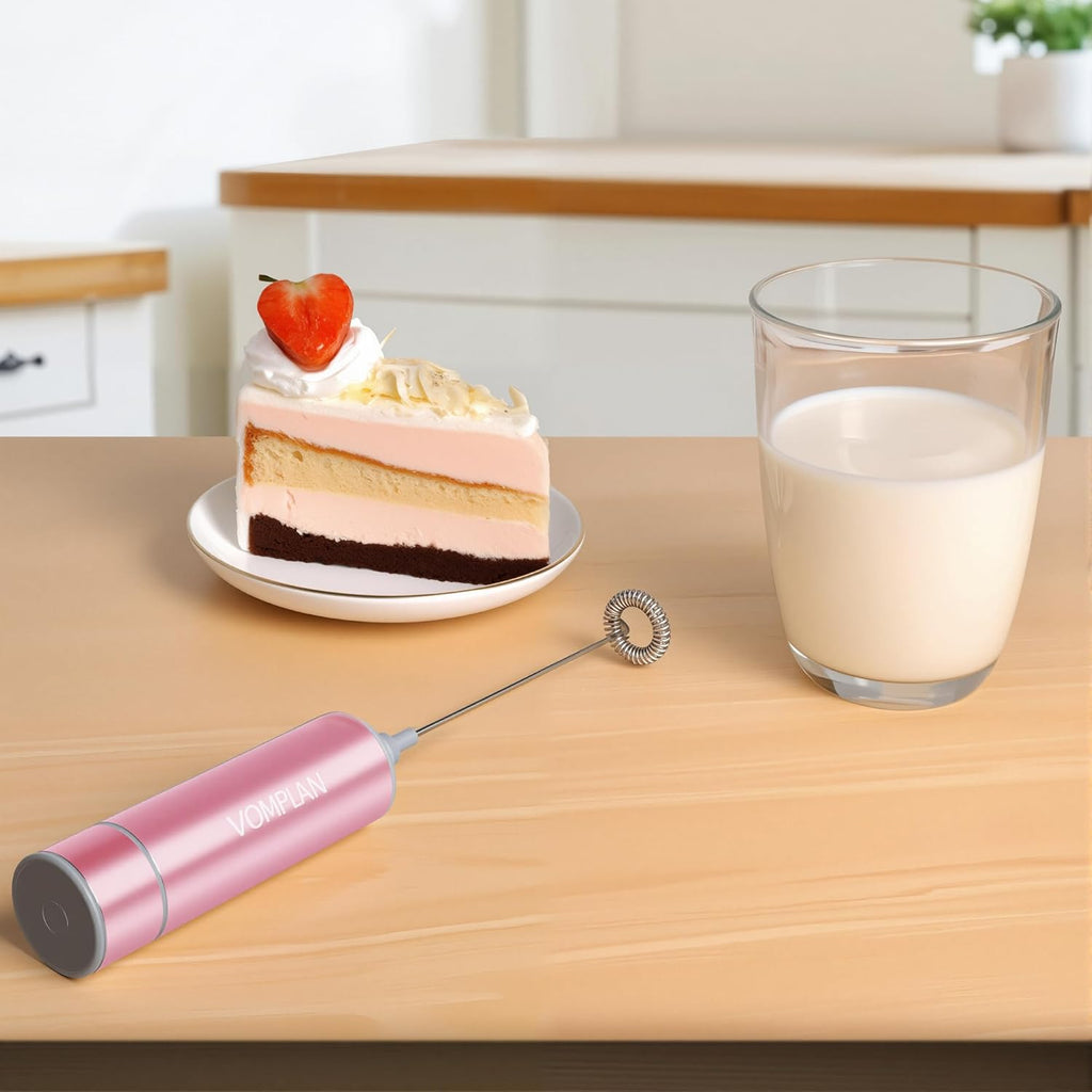 Electric Milk Frother Handheld,Travel Coffee Drink Mixer Batteries Included, 304 Stainless Steel Whisk for latte Cappuccino,Bulletproof Coffee Hot Chocolate,Egg Rose Pink