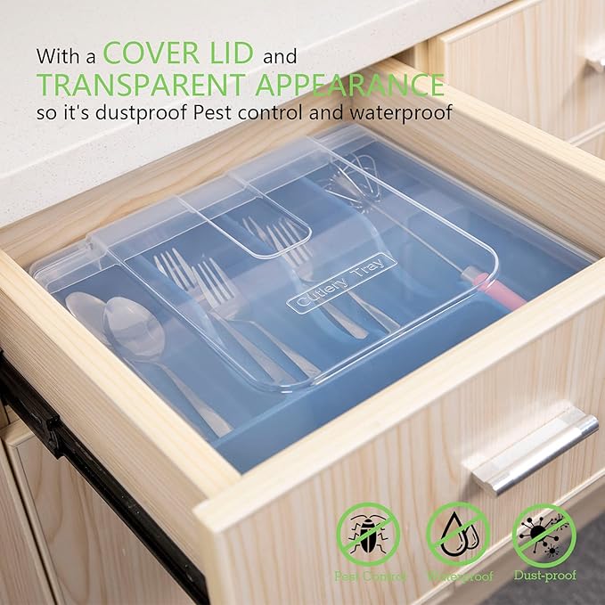 Silverware Tray with Lid, Utensil Holder for Kitchen Counter Plastic Flatware Organizers and Storage holder 5 Compartments Blue