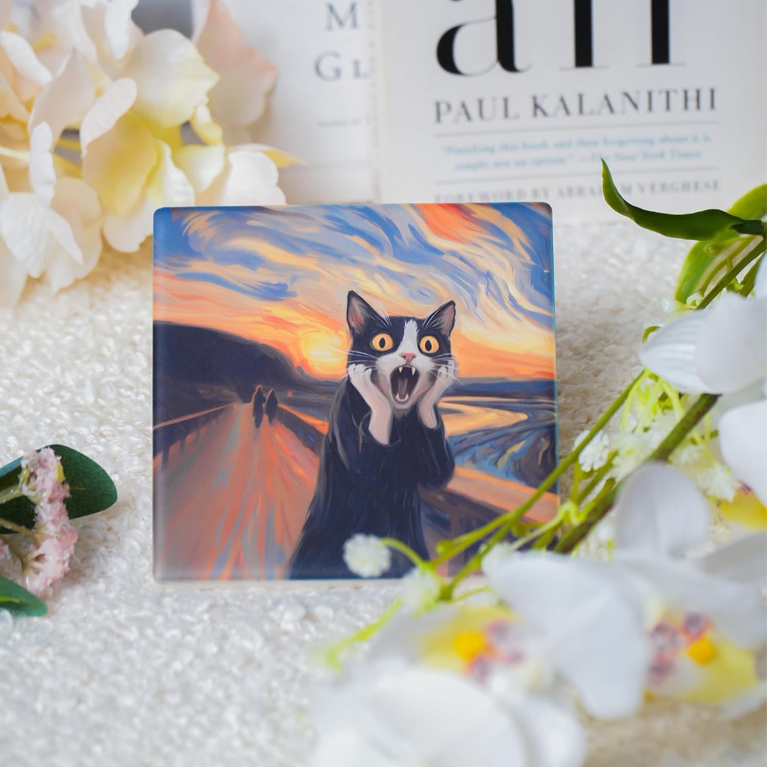 Ceramic Coasters Set of 4 – Square Drink Coasters with Cork Backing, 3.9x3.9 Inches – Decorative Printed Designs for Home, Office, or Gift Use (Gallery Cats)