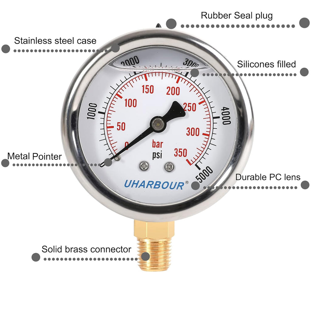 Glycerin Filled Pressure Gauge 5000psi/350bar, Stainless Steel case, Brass Inside Construction, 2-1/2" dial, 1/4" NPT Rear Connection.