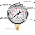 Glycerin Filled Pressure Gauge 5000psi/350bar, Stainless Steel case, Brass Inside Construction, 2-1/2" dial, 1/4" NPT Rear Connection.