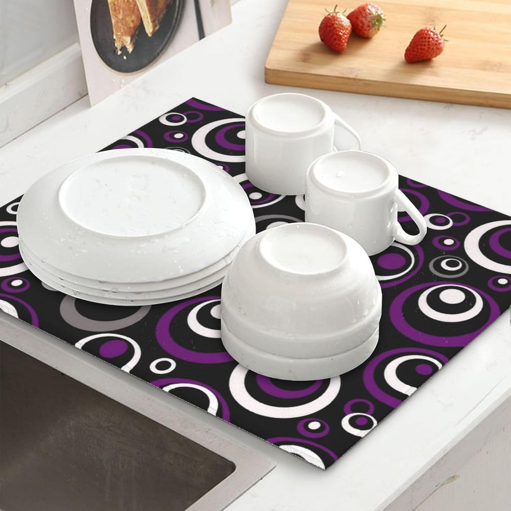 Purple White and Black Circle Pattern Dish Drying Mat, Absorbent Microfiber Decorative Kitchen Counter Mat, 16x18 inch Polyester, Absorption, Foldable, for Dishes Utensils Small Appliances, Home Decor