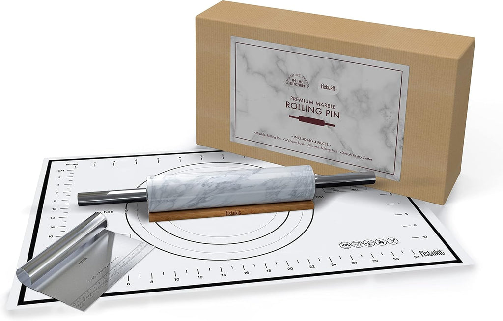 White Marble Rolling Pin with Stainless Steel Handles Baking Set - Silicone Baking Mat, Bench Scraper, Wooden Base