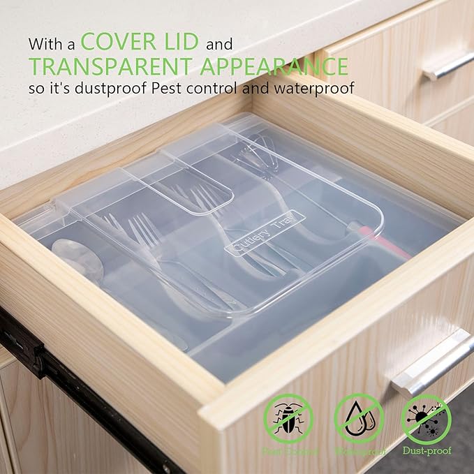 Silverware Tray with Lid, Utensil Holder for Kitchen Counter Plastic Flatware Organizers and Storage holder 5 Compartments Grey