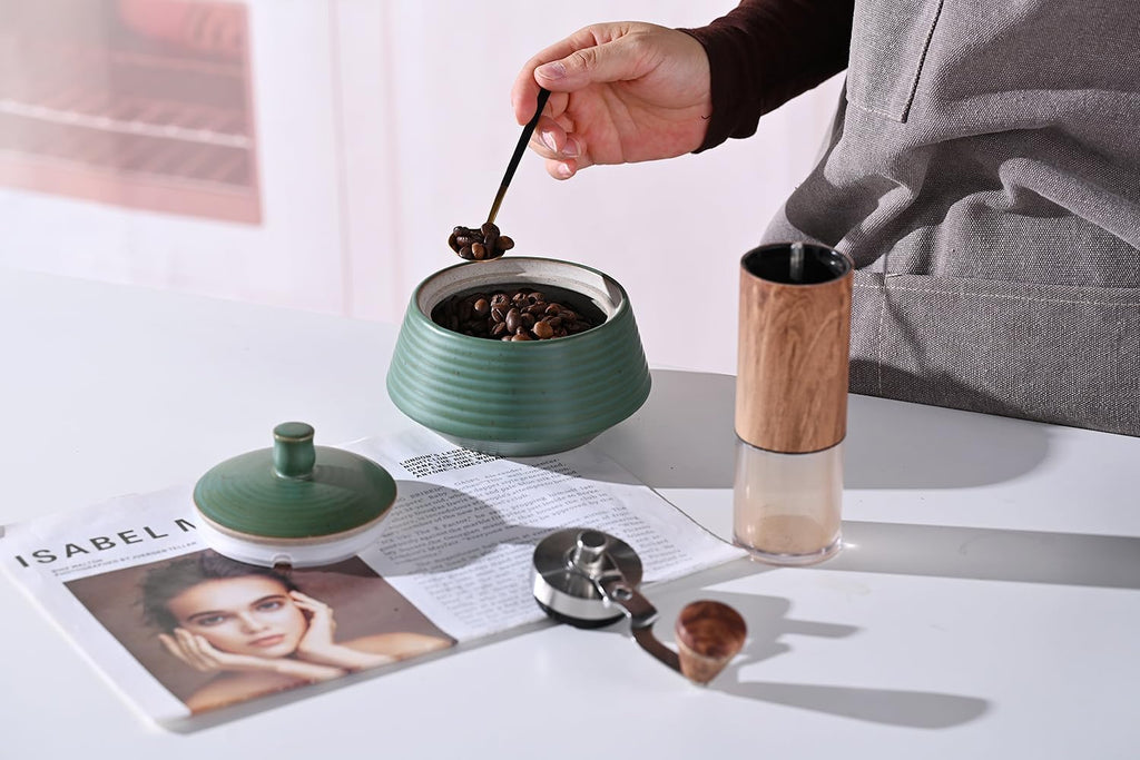 Retro Kitchen Canisters Ceramic Food Storage Jar Roud Shape with Silicone Airtight Lid for Tea, Coffee, Nuts, Herb, Spice, Sugar (Low Green)