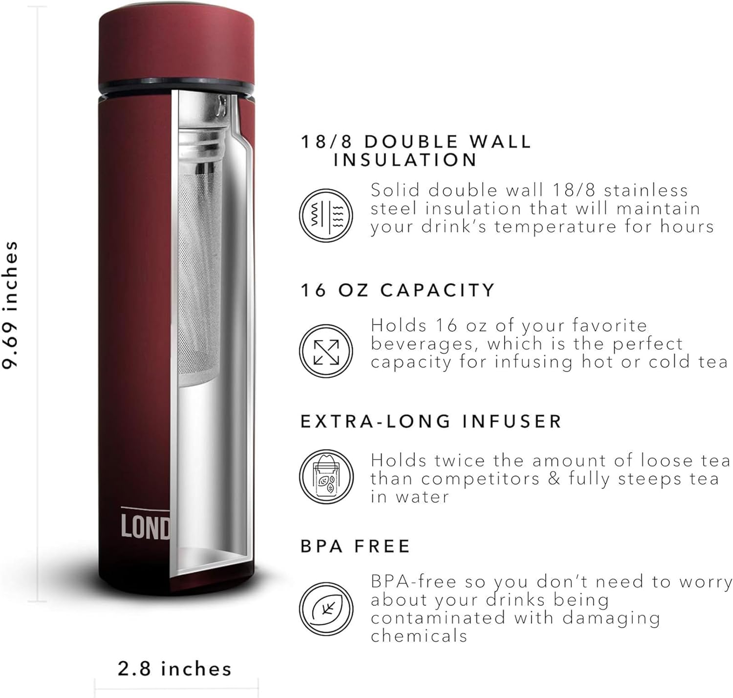 London Sip Multi-Purpose Travel Mug and Tumbler Fruit Infused Flask Hot and Cold Double Wall Stainless Steel Thermos with Extra-Long Infuser, Sacred Red