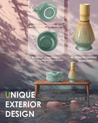 Matcha Whisk Set, Ceramic Matcha Bowl, Bamboo Whisk, Scoop, Sifter, Holder, Tea Towel - 6 Pcs Matcha Kit Gift for Matcha Lovers Beginners (Green)