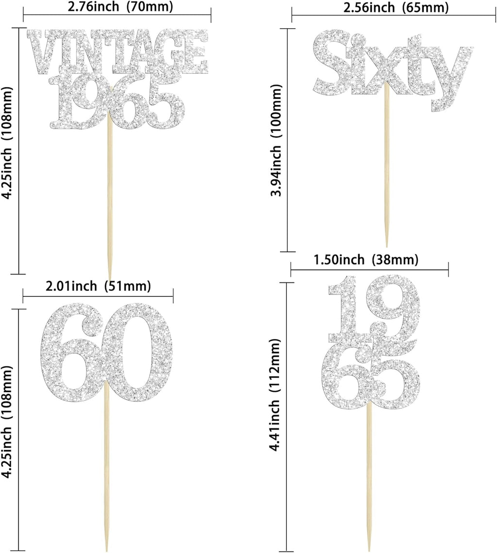 Gyufise 24Pcs 60th Birthday Cupcake Toppers Cheers to 60 Fabulous Sixty Cupcake Picks Vintage 1965 Decorations for 60th Birthday Wedding Anniversary Party Cake Decorations Supplies Silver