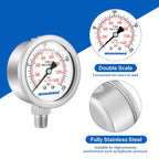 MEASUREMAN Fully Stainless Steel Hydraulic Glycerin Filled Pressure Gauge, 2-1/2" Dial Size,0-200psi/kpa,1/4" NPT Lower Mount
