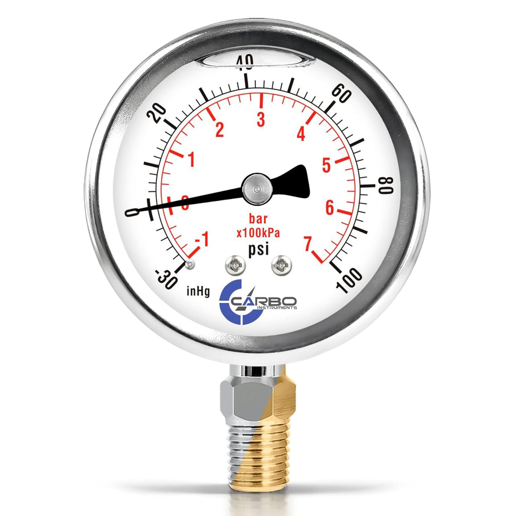 Stainless Steel Pressure Gauge Dual Display (-30/0 / +100 inHg/psi/kPa) - 2 1-2" Glycerine Liquid Filled Water Air Oil Gas Gauge with Polycarbonate Lens - Compound Vacuum -1/4" NPT