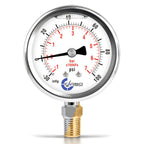 Stainless Steel Pressure Gauge Dual Display (-30/0 / +100 inHg/psi/kPa) - 2 1-2" Glycerine Liquid Filled Water Air Oil Gas Gauge with Polycarbonate Lens - Compound Vacuum -1/4" NPT