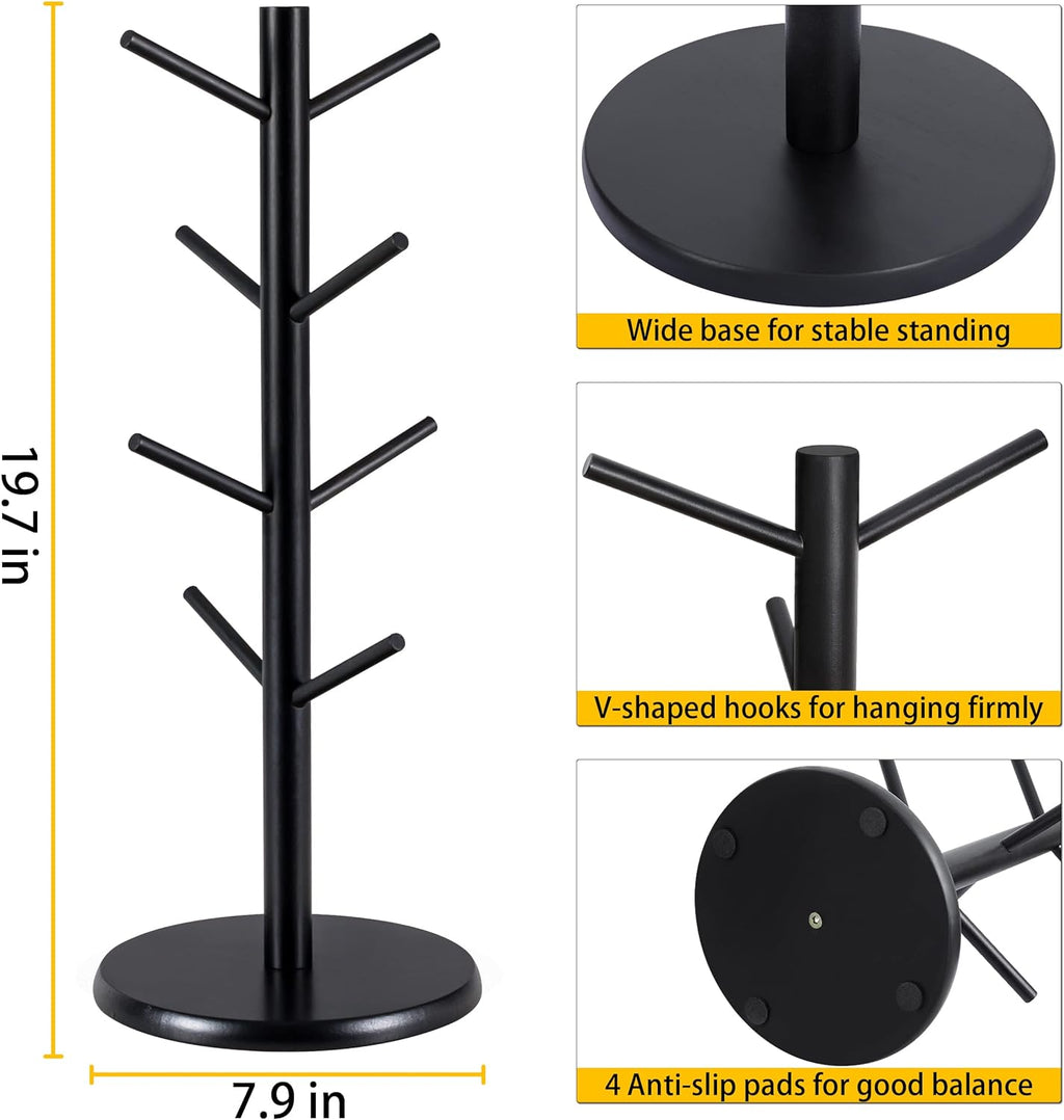 MyLifeUNIT Mug Holder Tree, Black Coffee Cup Holder with 8 Hooks, Wood Mug Hanger Stand for Counter