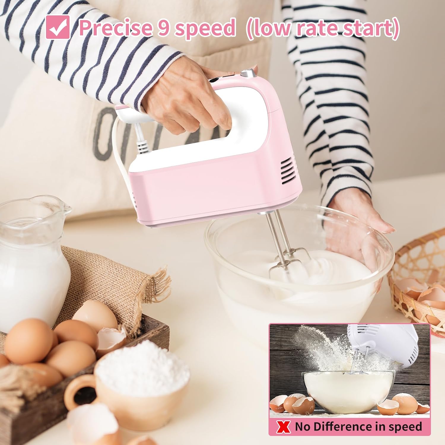 9-Speed Digital Hand Mixer Electric, 400W DC Motor, Hand Mixer electric Handheld with Snap-On Storage Case, Touch Button, Turbo Boost, 5x Stainless Steel Accessories (Pink)