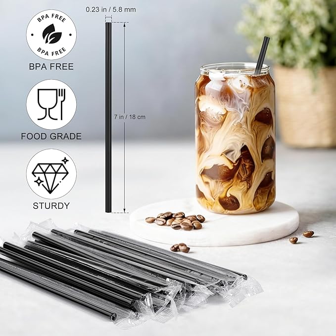 [Individually Wrapped] 600 Pcs Plastic Black Coffee Stirrers - 7 Inch Length 0.23 Inch Diameter Disposable Coffee Stir Sticks Straws for 12 oz 16 oz Cups Bar Cocktail Restaurant Supplies