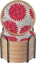 Wood Coasters Set of 6 with Holder, Cewiru Cup Mat for Drinks, Absorbent Coasters with Felt Insert for Coffee Table Protection, Modern Style Home Dining Table Decor, 4.3" Red