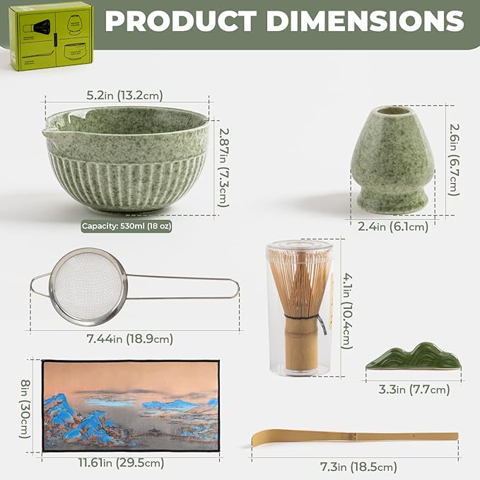 Matcha Whisk Set,7-Piece Japanese Matcha Tea Set with Ceramic Bowl, Whisk Holder, Bamboo Scoop, Sifter-Cloth Mat – Traditional Green Tea Kit for Gifts, Daily Use