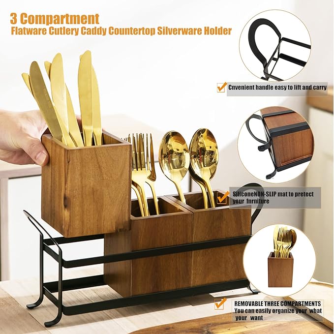 Utensil Caddy Silverware Cutlery Holder with 3 Compartment, Wooden Utensil Crock Flatware Organizers with Metal Tray, Rustic Kitchen Utensil Organizers for Farmhouse Kitchen and Countertop