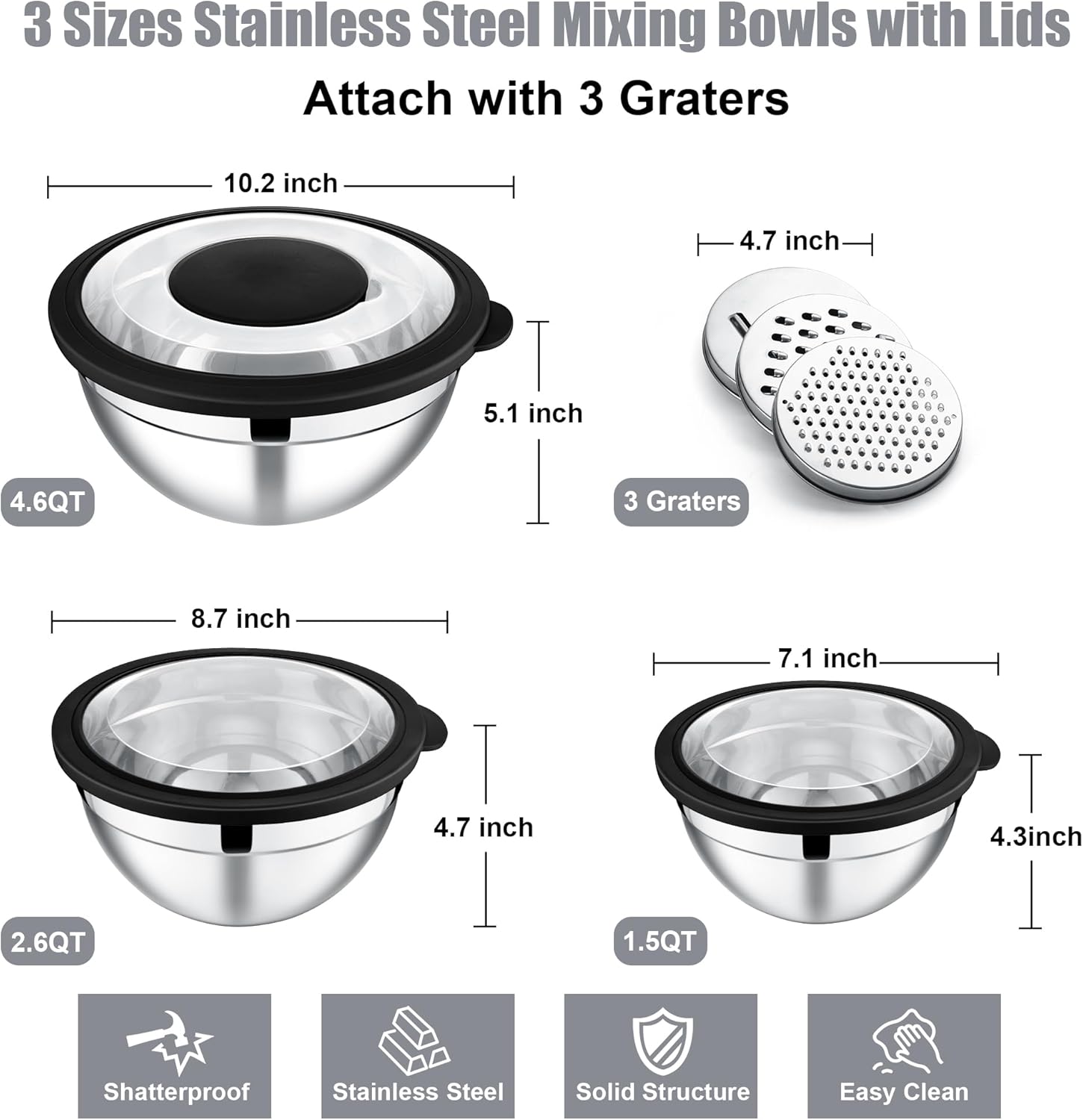 E-far Mixing Bowls with Lids and Graters, Stainless Steel Salad Mixing Bowl with Transparent Lid Set of 3, Metal Nesting Salad Storage for Kitchen Prepping/Serving/Baking, 4.6/2.6/1.5QT - Black