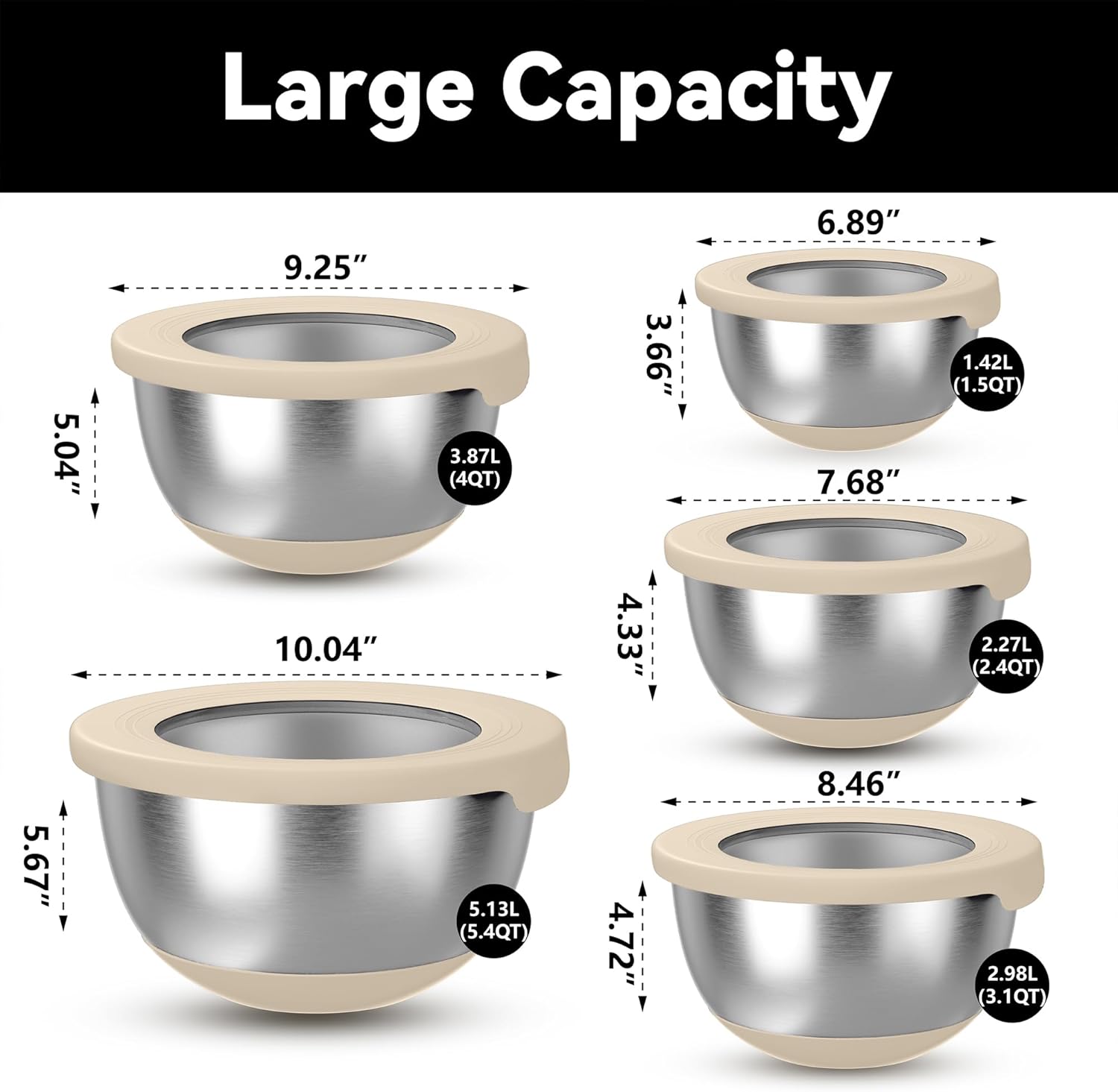 Stainless Steel Mixing Bowls with Lids – Set of 5 Large Nesting Metal Bowls for Kitchen, Baking, Cooking, Food Prep & Storage, Non-Slip Base, Dishwasher Safe,Khaki