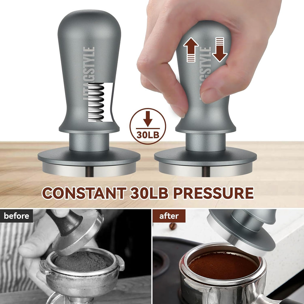 53.3mm Espresso Tamper Coffee Tamper with Calibrated Spring Loaded Barista Espresso Hand Tamper Stainless Steel Flat Base Leveling Coffee Press Tamper Fits for 54mm Portafilter Basket