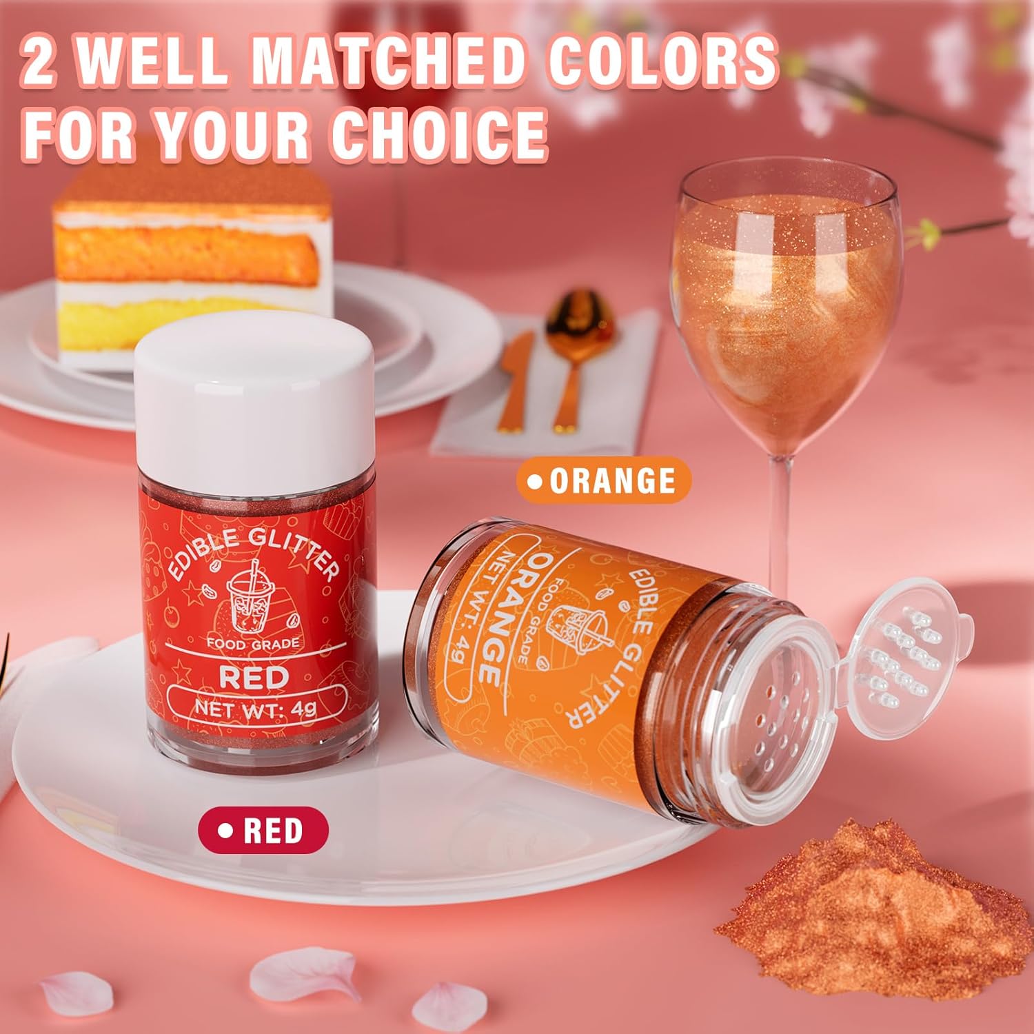 Cherrysea Edible Glitter for Drinks Cocktails Food Grade Edible Drink Shimmer Powder for DIY Champagne Beverages Wine 2 Colors Vegan Edible Luster Dust Set 4g/Bottle Gluten Free - Orange+Red