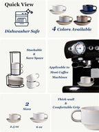 Gomakren 2.5 Ounce Espresso Cups Set of 4, Small Stackable Coffee Cups with Saucers and Metal Stand, Porcelain Demitasse Cups for Specialty Coffee Drinks, Espresso, Cappuccino, Latte, Tea, White