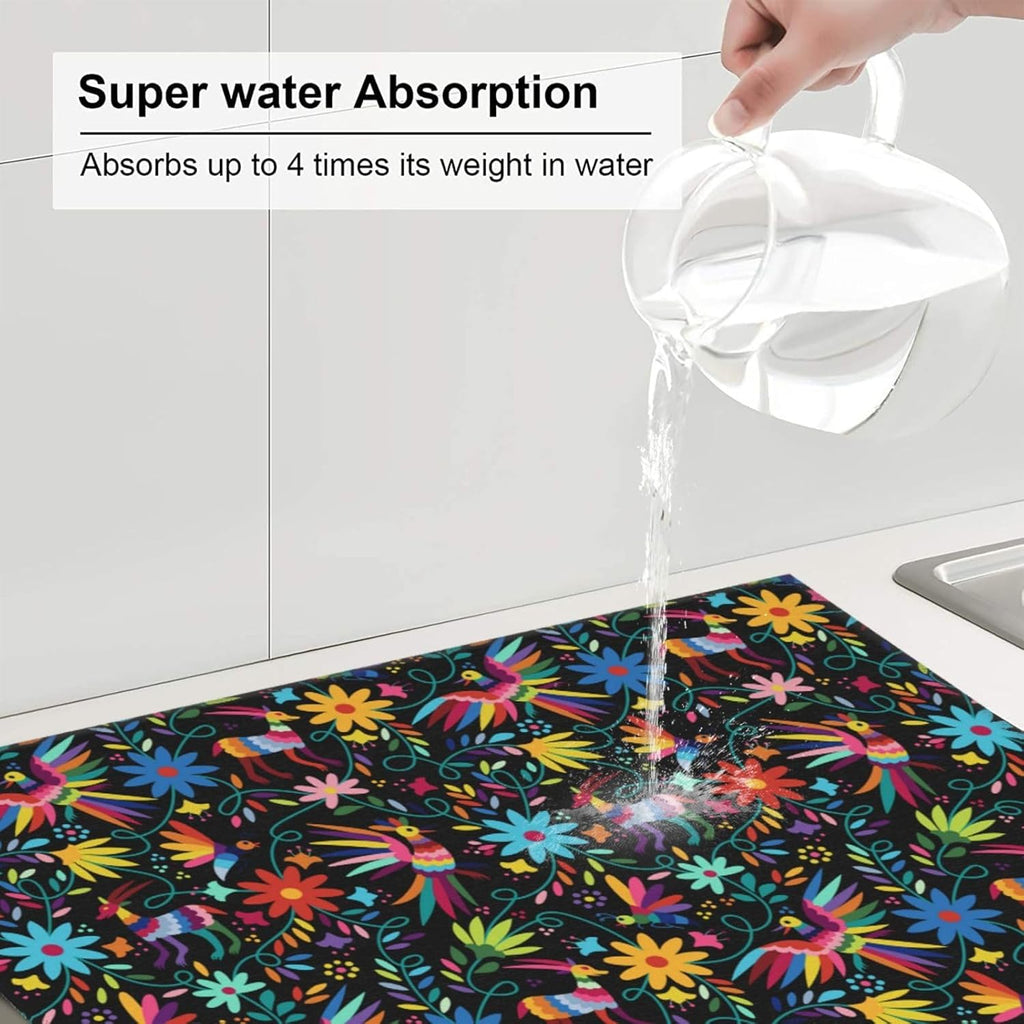 Mexican Folk Art Otomi Dish Drying Mats for Kitchen Counter, Absorbent Microfiber Washable Drying Pad, Decorative Cute Kitchen Mat for Sink & Dining Area, Gifts for Christmas, Home Decor, 16x18 inch