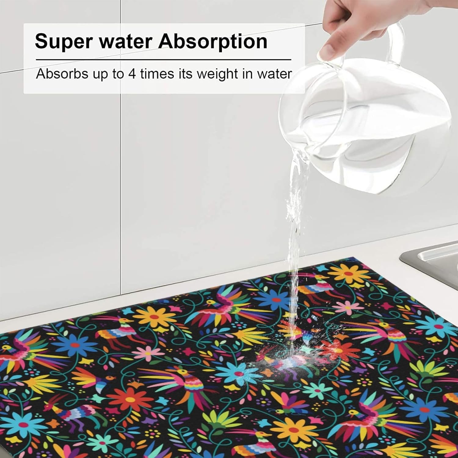 Mexican Folk Art Otomi Dish Drying Mats for Kitchen Counter, Absorbent Microfiber Washable Drying Pad, Decorative Cute Kitchen Mat for Sink & Dining Area, Gifts for Christmas, Home Decor, 16x18 inch